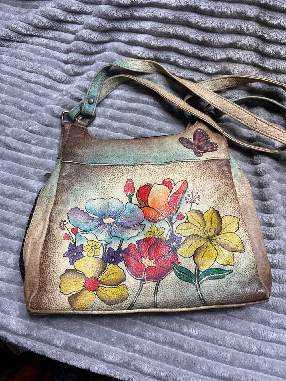 Floral Painted Leather Shoulder Bag in Multicolor